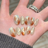 10pcs Gradient Cat Eye False Nails Golden Glitter Mirror Powder Nail Art Metallic Silver Fake Nails French Almond Press on Nails