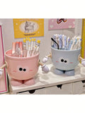 Cute Cartoon Face Large Capacity Pen Holder - Office Desk Organizer Box For Pens, Markers And Stationery, Portable Design Suitable For Students And Office, Blue And Pink With Playful Happy Faces, Office Supplies And Accessori