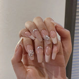 Popxstar  French Fake Nails Stick-on Long Ballet Pink False Nails with Rhinestone Designs Full Cover Acrylic Press on Nails for Women Girl