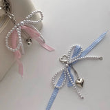 Popxstar Y2K Lattice Ribbon Bowknot Pearls Bag Pendant Charm Heart Keychain Elegant Beaded Keyring Sweet Key Chain Phone Key Bag Hangings
