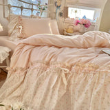 4Pcs Bedding Set French-Inspired, Girly, Princess-Style Bows and Lace Pink Duvet Cover Pillowcase Bedding Full Set Double Bed