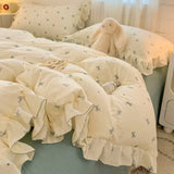 Popxstar  Princess Style Bedding Sets Ruffle Lace Bow Quilt Cover Romantic Bedclothes Decor Woman Girls Bedroom Duvet Cover 4pcs