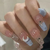 Popxstar 24Pcs Three-dimensional Love Heart False Nails with French Design Long Coffin Wearable Fake Nails Rhinestone Press on Nails Tips