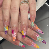 Popxstar 24Pcs Colorful Flower Nails Set Press on Wearable Fake Nail Almond Design Long Stiletto French False Nails Full Cover Manicure