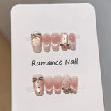Popxstar  10Pcs Handmade Press On Nails Nude Pink Color Ballet Fake Nails Glossy Cat's Eyes Designs Full Cover False Nails Bowknot Decor
