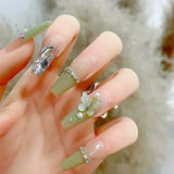 Popxstar 24Pcs Three-dimensional Love Heart False Nails with French Design Long Coffin Wearable Fake Nails Rhinestone Press on Nails Tips