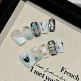 10pcs Sweet Cool Press on Nails Blue Cat Eye False Nails 3D Silver Star Fake Nails Glitter Rhinestone Nail Art Short Coffin Nail
