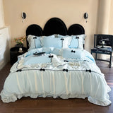 Popxstar Romantic Lace Princess Black Bow Bedding Set Pink Korean Style Duvet/Comforter Cover Set Bed Sheet/Fitted Sheet Pillowcases 4Pcs