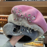 Popxstar French Beret Thick Rhinestone Decor Brimless Thermal Decor Wool Artist French Style Painter Hat Women Headwear