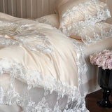 Popxstar  Romantic White Flowers Lace Princess Wedding Bedding Set 100S Egyptian Cotton Duvet Cover Flat/Fitted Bed Sheet Pillowcases 4Pcs