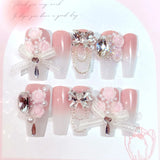 Popxstar Blush Pink False Nails Bowknot Diamond Pearl 3D Design Press on Nail Tips with Harmless Smooth Edge Nails Woman DIY Fake Nails