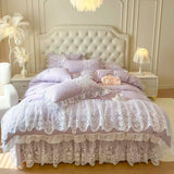 popxstar 4/6Pcs Pink Princess Wedding Lace Embroidery Korean Style Bedding Set King Queen Size Duvet Cover Bed Skirt Bedspread Pillowcase