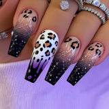 Popxstar 24pcs Leopard Print Press on Nails Tips Purple Long Ballet Fake Nails Aurora Colorful Full Cover Fake Nail Sets Coffin Manicure