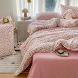 Popxstar INS Girls Cherry Soft Bedding Set Washed Cotton Bed Sheet Queen King Size Duvet Set Flower Comforter Set Pillowcase Bed Linens