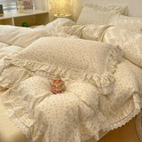 Popxstar  4Pcs Vintage French Fresh Floral Lace Ruffles 100% Cotton Bedding Set Duvet Cover Bed Skirt/Bed Sheet/Fitted Sheet Pillowcases