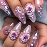 Popxstar  Purple Flower Press on Nails 24Pcs Almond/Coffin Wearable Fake Nails Flower Printed Woman DIY Manicure Acrylic False Nails Tips