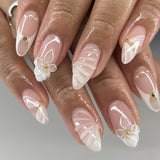 Popxstar 24pcs White Flower Fake Nail Tips Ins Yellow Pink Blush False Nails Wearable Full Cover European Almond Shaped Press on Nails