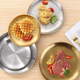 Popxstar  4pcs Large Round Stainless Steel Dinner Plates Fruit Tray- Heavy-Duty Golden Serving Plates Suitable for Weddings, Buffets