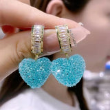 Popxstar New Style Trendy Lovely Pink Candy Colours Heart Dangle Earrings For Women Fashion Cute Sweet Crystal Jewelry Girl Gifts