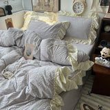 Popxstar Pink Korean Princess Style Lace Ruffles Bedding Set Skin-friendly Seersucker Duvet Cover Set Fitted Sheet/Bed Sheet Pillowcases