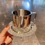 Popxstar  Rhinestone Coffee Cup Set with Saucers Shimmering Stainless Steel Insulated Mugs  Dessert Plates for Americano Latte Cafe Gift