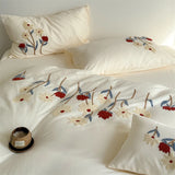Popxstar  Flowers Towel Embroidery Bedding Set 100% Cotton Brushed Single Queen King Size Duvet Cover Flat/Fitted Sheet Pillowcases 3/4Pc