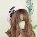 Popxstar Japanese Beret Harajuku Y2 Fashion Lolita Hat JK Hat Girl Beret Cute PU Chain Heart Love Wool Kawaii Women Hat Accessories