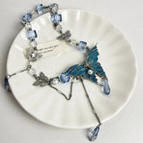 Popxstar  Y2K Hot Girl Green Butterfly Necklace Imitation Crystal Beaded Tassel Collarbone Chain Exquisite Fashionable Neckband Girls Gift