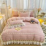 Popxstar Pink Korean Princess Style Bedding Set Flowers Lace Ruffles Embroidery Quilted Thick Duvet Cover Bedspread Bed Skirt Pillowcases