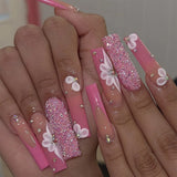 Popxstar 24Pcs Pure White French Press on Nails Long Square Head False Nails with Pearl Pink Bow Design Ballet Wearable Fake Nails