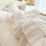 Popxstar  4Pcs White Korean Princess Style 100% Cotton Bedding Set Double Layer Lace Ruffles Duver Cover Bed Skirt Bedspread Pillowcases
