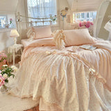 4Pcs Bedding Set French-Inspired, Girly, Princess-Style Bows and Lace Pink Duvet Cover Pillowcase Bedding Full Set Double Bed