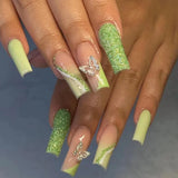 Popxstar 24Pcs Ballet False Nails Long French Press on Nails with Rhinestone Wearable Coffin Fake Nail Pink Bow Design Manicure Tips