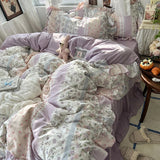 Popxstar 3/4Pcs Korean Princess Style Floral Ruffles Bedding Set Skin-friendly Soft Duvet Cover Set Bed Sheet Or Bed Skirt Pillowcases