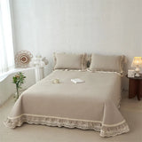 Popxstar  80% Cotton 20% Linen Soft Comfortable Quilted Bedspread, Lace Ruffles Bed Cover, Mattress Topper, Bed Sheet, Pillowcases 3Pcs