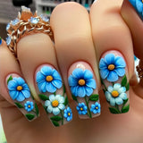 Popxstar  24pcs Mid-length Ballet Press on Nails Sets Wearable Finished Blue Smudge Design False Nail Butterfly Flower Full Cover Nail Tip