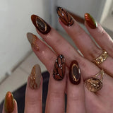 Popxstar 24pcs Mid-length Almond Press on Nail 3D Wave Star Design False Nails Reusable Golden Lines Fashion Round Head Fake Nails Art
