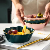 Popxstar  Green Ceramic Tableware Salad Bowl with Gold Edge Flower Shape Plate Chinaware Creative Dim Sum Dishes Steak Western Food Flavor