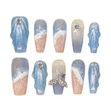 popxstar Glossy Blue Handmade Press on Nails Mermaid Tail Pearls Diamond Designs Stick-on Fake Nails Gradient Color Ballerina False Nails