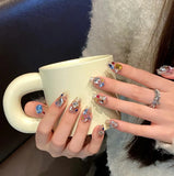 10pcs Sweet Cool Press on Nails Blue Cat Eye False Nails 3D Silver Star Fake Nails Glitter Rhinestone Nail Art Short Coffin Nail