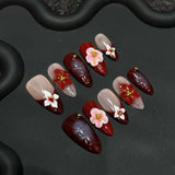 Popxstar  10Pcs Handmade Press On Nails Almond Red French Tips Fake Nails Fairy Flower Designs Bride Wedding Boho Style False Nails