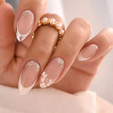 Popxstar 24Pcs Solid Color Grey Almond Fake Nail Cat's Eye Design Wearable Round Head False Nails with Shiny Powder Press on Nails