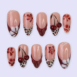 24pcs Red Cat Eye Press on Nails Pearl Heart Stick on Nails Bow French Fake Nails Sweet Cute Flower Nail Almond 3D False Nail