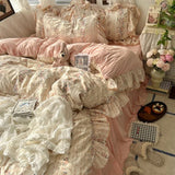 Popxstar  New Korean Princess Style Floral Ruffles Bedding Set Skin-friendly Soft Duvet Cover Set Bed Sheet Or Bed Skirt Pillowcases
