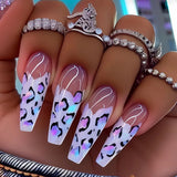Popxstar 24pcs Leopard Print Press on Nails Tips Purple Long Ballet Fake Nails Aurora Colorful Full Cover Fake Nail Sets Coffin Manicure