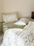 Popxstar  Flowers Embroidery Luxury Bedding Set 600TC Lyocell Bamboo Fiber Soft Silky Duvet Cover Flat/Fitted Bed Sheet Pillowcases 4Pcs
