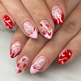 Popxstar  Red/Pink Strawberry Fake Nails Glossy Cat's Eyes Press on Nails Almond Full Cover Wearable Manicure Sweet False Nails for Woman