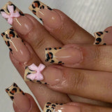 popxstar 24Pcs Pink French Style Fake Nails 3D Bowknot Designs Short Square Press on Nails Sweet Korean Fashion False Nail for Women Girl