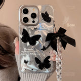 Popxstar Holographic Black Butterfly Phone Case with Lanyard for iPhone 15 PRO MAX  PLUS 14 13 12 Reflective Fashionable Phone Cover
