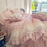 Popxstar  Vintage French Plaid Lace Ruffles 100% Cotton Bedding Set Duvet Cover Set Bed Sheet/Bed Skirt/Fitted Sheet Pillowcases 4Pcs